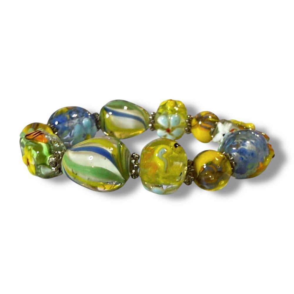 Spring Easter Glass Lampworks Beads Stretch Bracelet Colorful Silver Tone - Picture 4 of 6